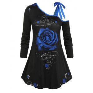 

Plus Size Flower Tie Skew Collar Long Sleeve T-shirt, Black
