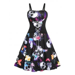 Plus Size Lace Up Butterfly Skull Print Halloween Dress, Black