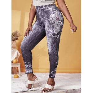 

Plus Size 3D Denim Print Floral Print Ninth Jeggings, Black