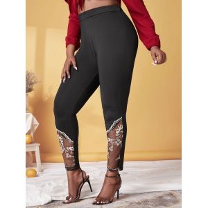 Plus Size High Rise Embroidered Mesh Skinny Pants, Black