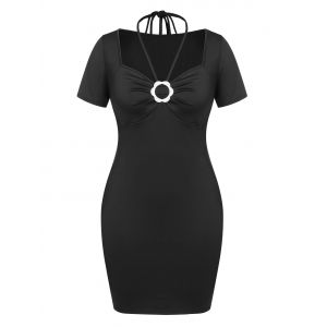 

Plus Size Halter Tie Ruched Flower Ring Bodycon Dress, Black