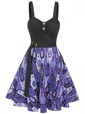 Tribal Print Ruched Fit and Flare Dress - BLACK - M