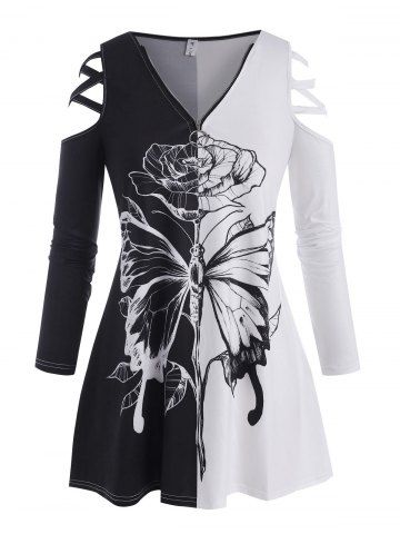 T-shirt Fleur Papillon en Treillis à Epaule Dénudée de Grande Taille - BLACK - 3X