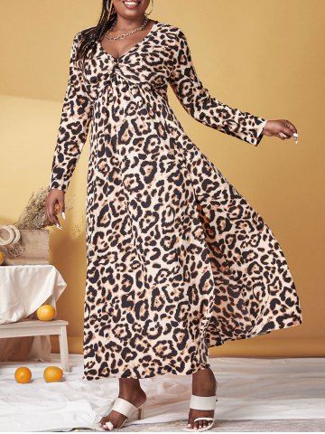 Plus Size Front Twist Leopard Print High Slit Dress - DEEP COFFEE - L