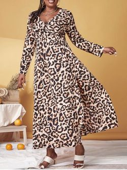 Plus Size Front Twist Leopard Print High Slit Dress - DEEP COFFEE - 1X