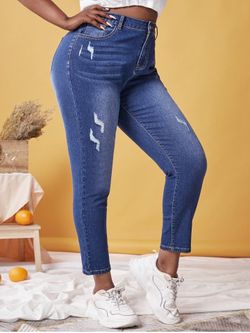 Plus Size High Rise Ripped Skinny Jeans - DEEP BLUE - 1X