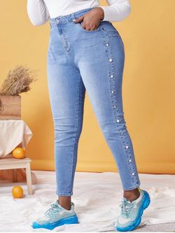 Plus Size Light Wash Studded Skinny Jeans - BLUE - 5X