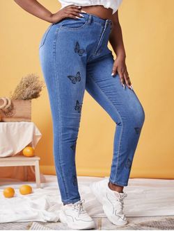 Plus Size Skinny Butterfly Print Jeans - BLUE - 5XL