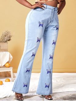 Plus Size Butterfly Print High Waisted Flare Jeans - LIGHT BLUE - 2XL