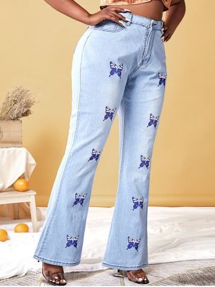 Plus Size Butterfly Print High Waisted Flare Jeans