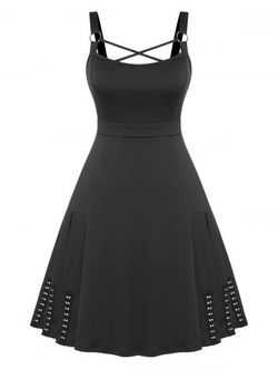 Plus Size Vintage Crisscross Studded Pin Up Dress - BLACK - L