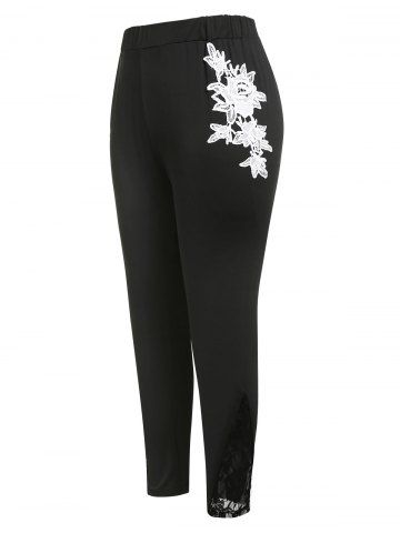 Pantalones de encaje de encaje de flores de talla grande - BLACK - 5X
