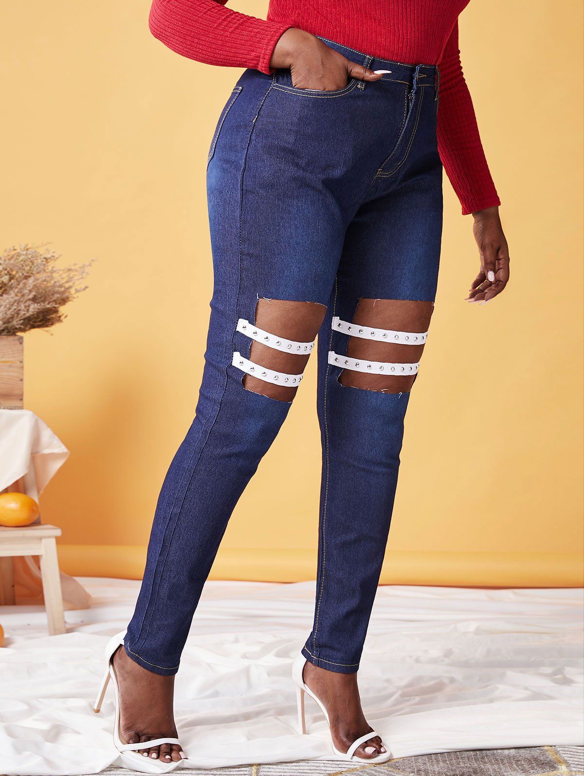 Fashion Plus Size Cutout Studded Straps Skinny Jeans  