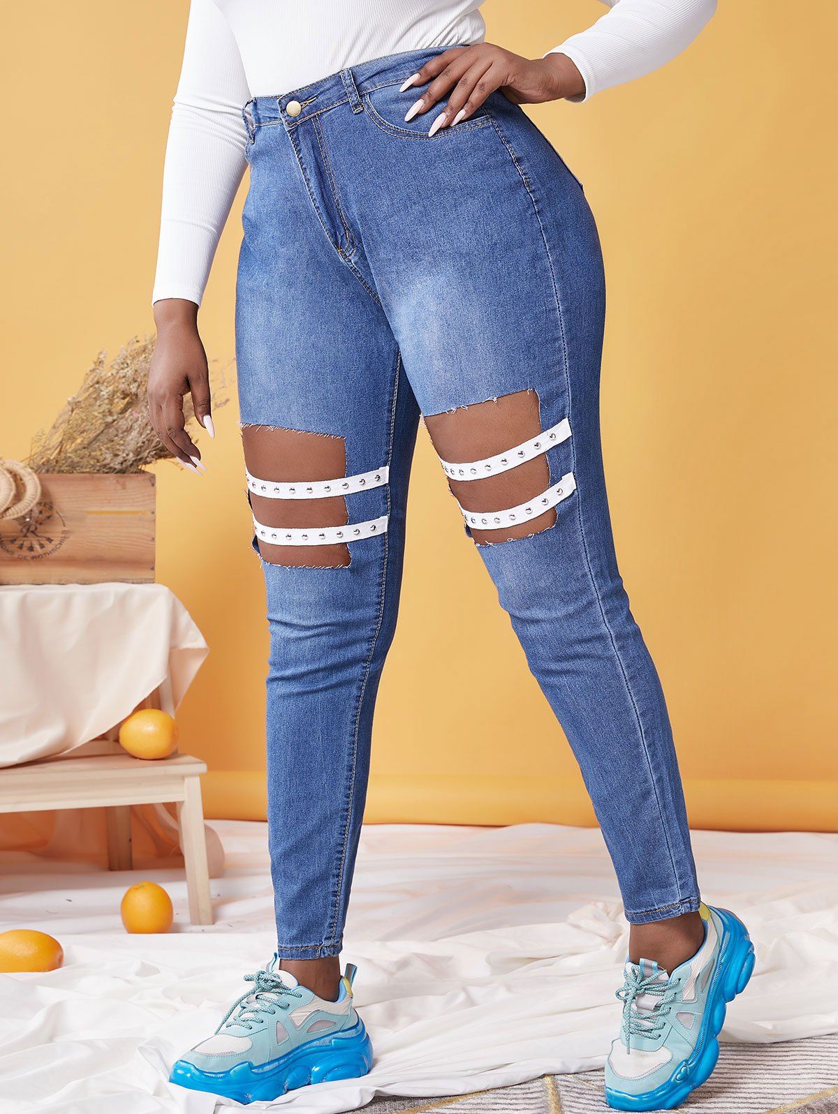 Unique Plus Size Cutout Studded Straps Skinny Jeans  