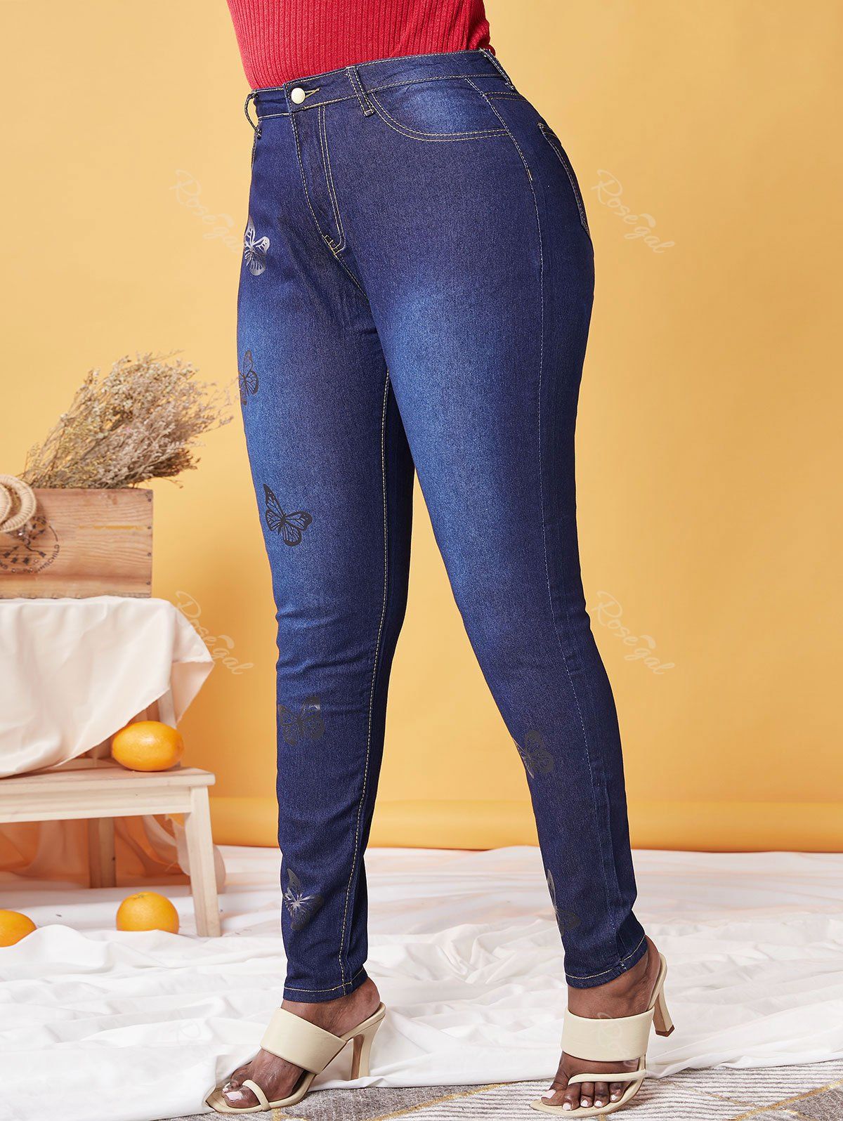 Plus Size Skinny Butterfly Print Jeans 