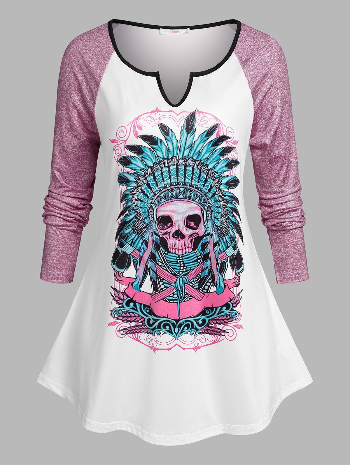 Chic Plus Size Witch Doctor Skull V Notch Binding Baseball Tee  