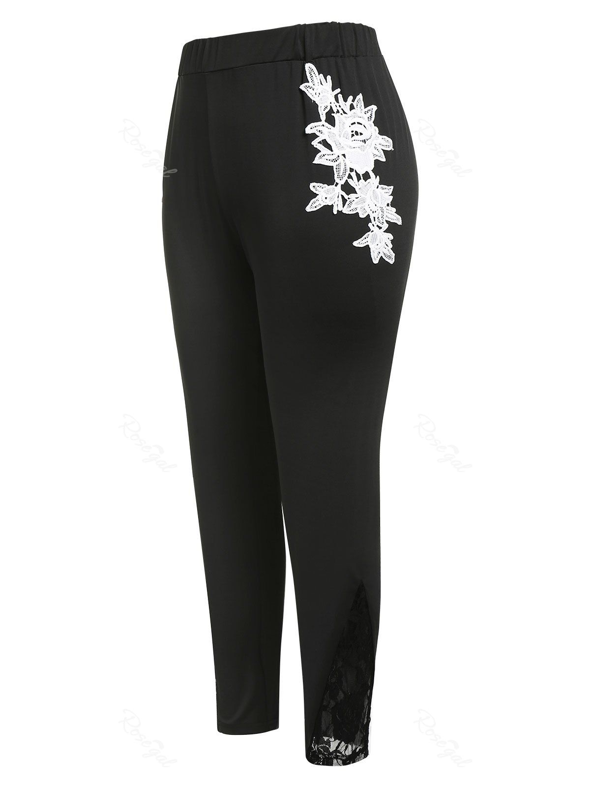 Affordable Plus Size Applique Flower Lace Panel High Rise Pants  