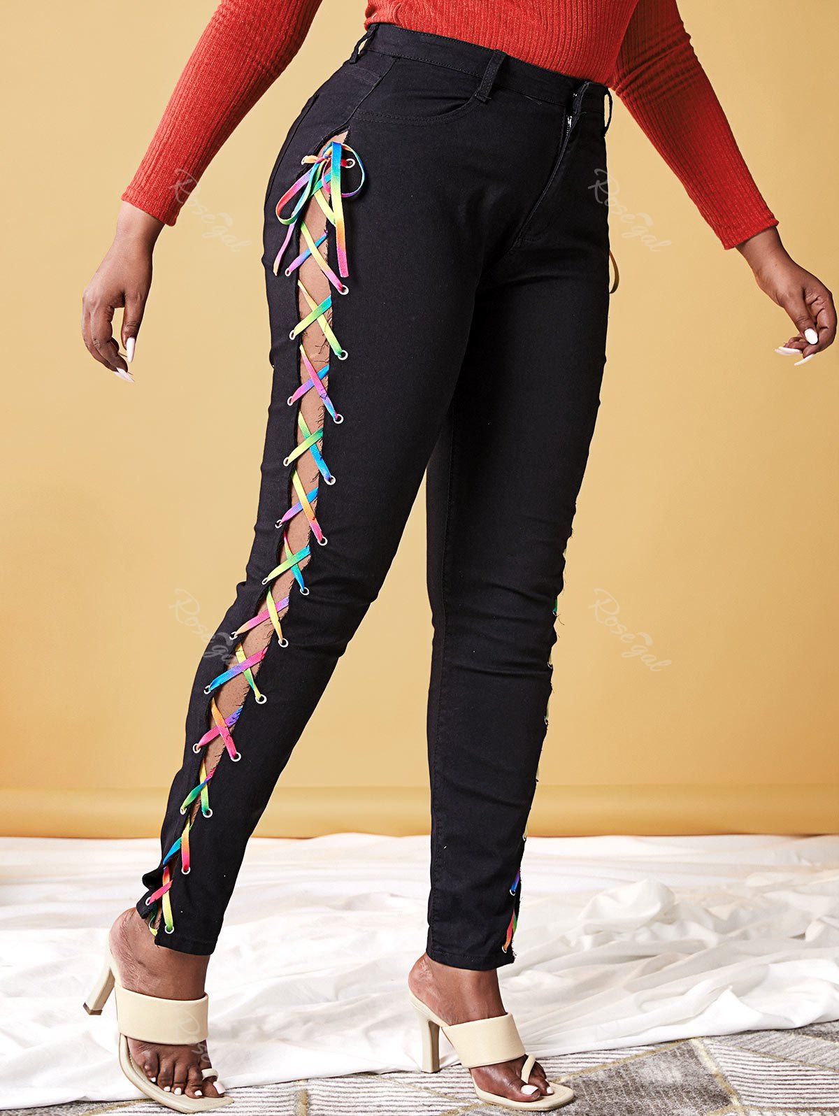 Discount Plus Size Lace Up Rainbow High Waisted Jeans  