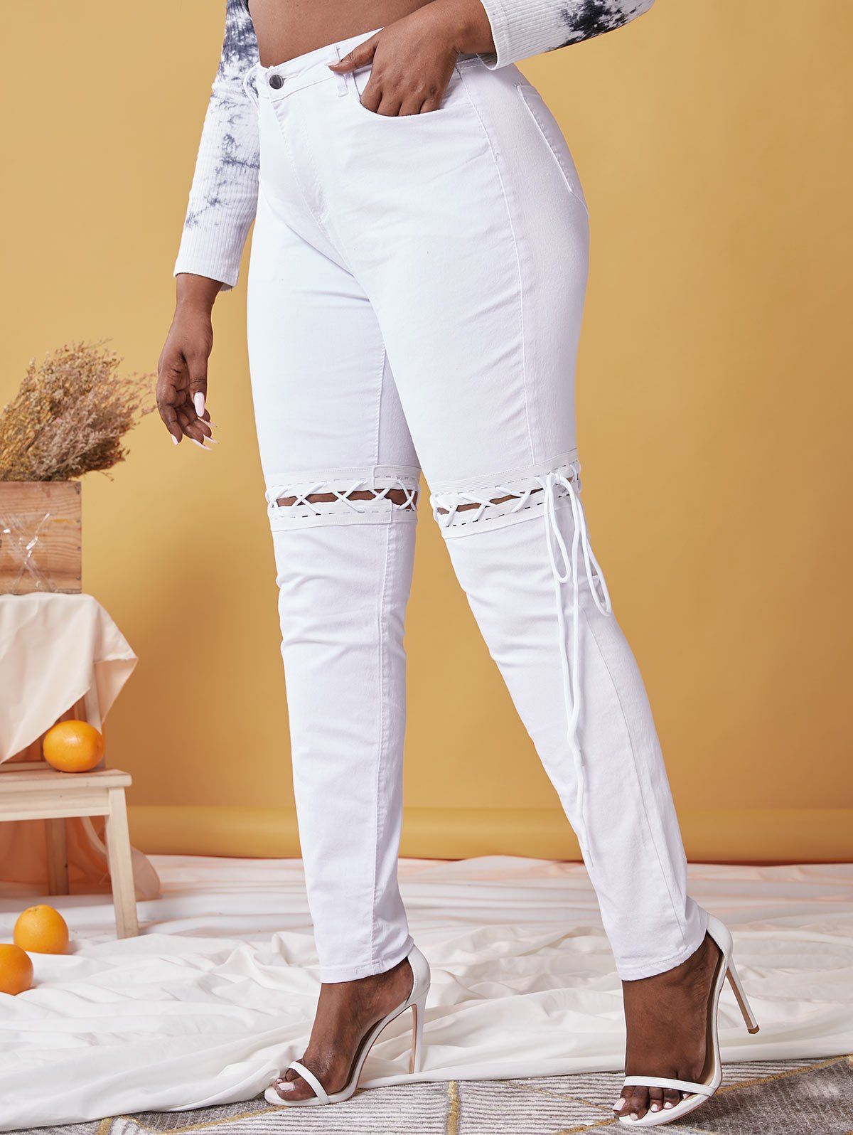Online Plus Size Lace-up Detachable Skinny Jeans  