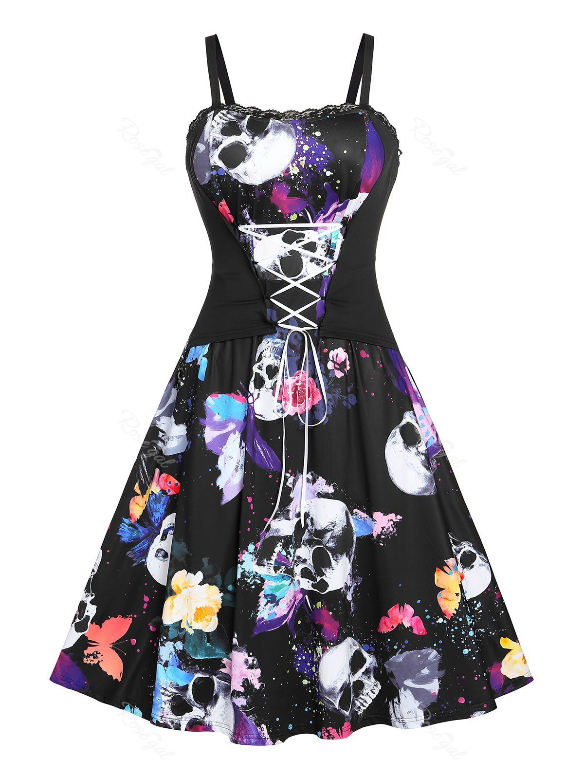 Affordable Plus Size Lace Up Butterfly Skull Print Halloween Dress  