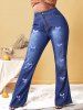 Jean Évasé Taille Haute à Imprimé Papillons Grande Taille - Bleu profond XL