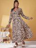 Plus Size Front Twist Leopard Print High Slit Dress -  