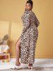 Plus Size Front Twist Leopard Print High Slit Dress -  