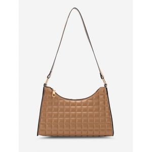 

Solid Color Square-Quilted Shoulder Bag, Light khaki