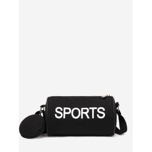 

Cylinder-Shaped Letter Print Shoulder Bag With Pouch, Black