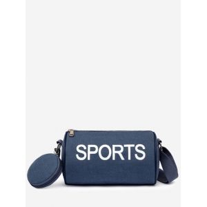 

Cylinder-Shaped Letter Print Shoulder Bag With Pouch, Blue