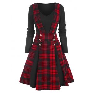 

Mock Button Plaid Jersey Dress, Red