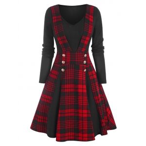 

Mock Button Plaid Jersey Dress, Red