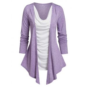 

Cowl Neck Heathered Faux Twinset T-shirt, Light purple