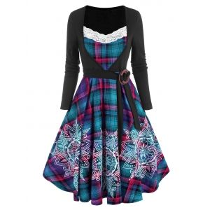 

Lace Insert Plaid Bohemian Flower Print O Ring Belted Dress, Multi