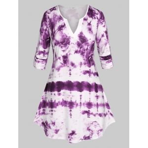 

Plus Size Tie Dye Curved Hem Roll Tab Sleeve Tee, Purple