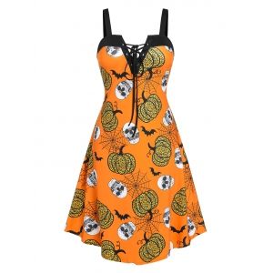 

Plus Size Pumpkin Print Lace Up Halloween Dress, Orange