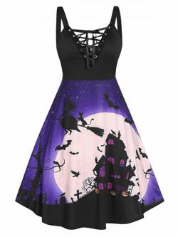 Talla grande Halloween Moon Bat Castle Lattice Un vestido de línea - BLACK - L