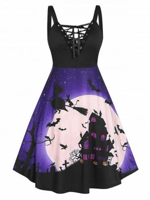 Plus Size Halloween Moon Bat Castle Lattice A Line Dress