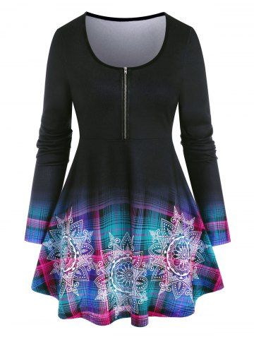 Plaid Floral Print Half Zip T Shirt - MULTI - XXL