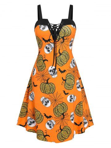 Plus Size Pumpkin Print Lace Up Halloween Dress - ORANGE - 1X