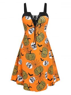Plus Size Pumpkin Print Lace Up Halloween Dress - ORANGE - 1X