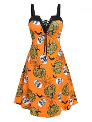 Plus Size Pumpkin Print Lace Up Halloween Dress