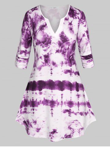 Plus Size Tie Dye Curved Hem Roll Tab Sleeve Tee - PURPLE - 4X