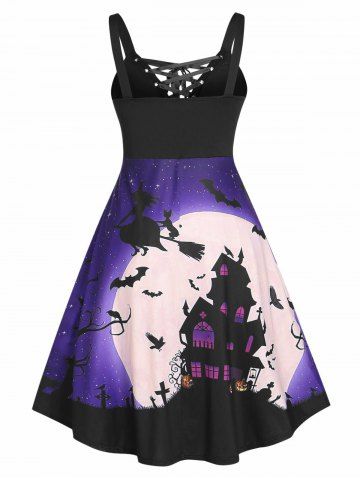 Plus Size Halloween Moon Bat Castle Lattice A Line Dress