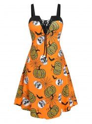 Robe D'Halloween à Imprimé Citrouille de Grande Taille à Lacets - Orange 1X