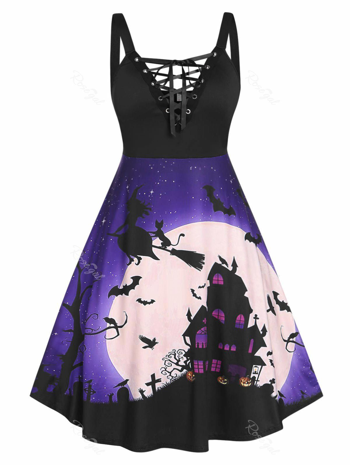 Sale Plus Size Halloween Moon Bat Castle Lattice A Line Dress  
