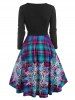 Lace Insert Plaid Bohemian Flower Print O Ring Belted Dress -  