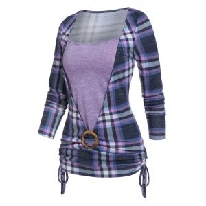 

Plaid Print Cinched O-ring Faux Twinset T-shirt, Light purple
