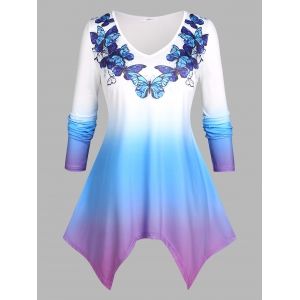 

Plus Size Ombre Color Butterfly Print Handkerchief T-shirt, Multi