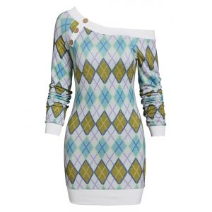 

Skew Neck Argyle Sweater Bodycon Dress, Multi